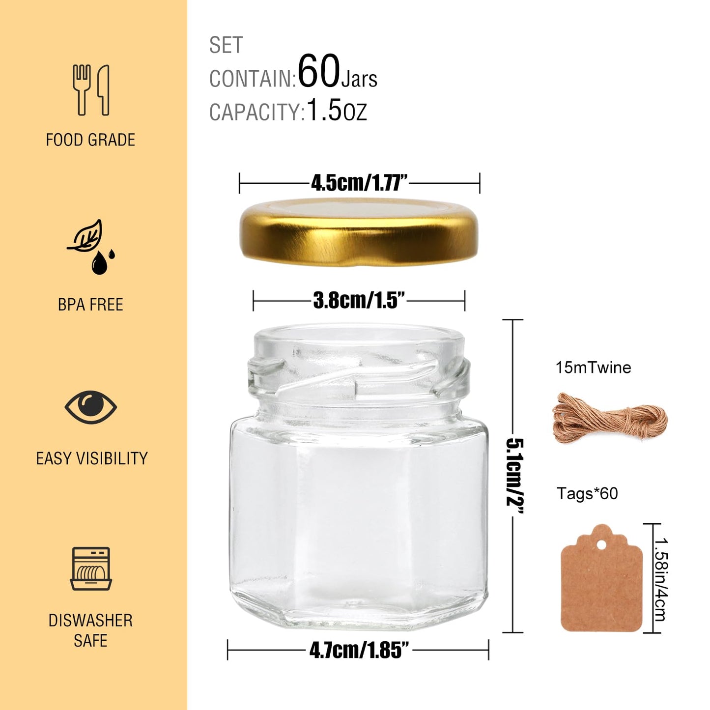 Encheng 60 Pack Small Glass Honey Jar with Lid, 1.5 oz Mini Mason Jars for Party Favor, Wedding Favor, Baby Shower, Hexagonal Honey Containers for Jam, Spices, Herbs, Candy, Sample, Candle, Crafts