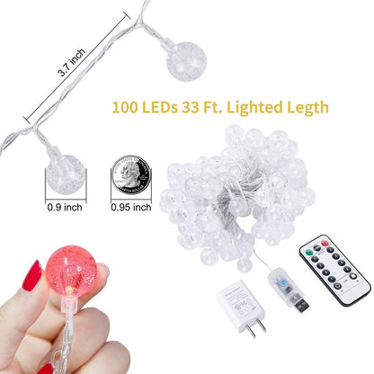 Minetom Crystal Globe String Lights Plug in - 33 ft 100 LED Globe Fairy String Lights with Remote and Timer, Waterproof for Bedroom Tent Loft Bed Window Porch Patio Party Holiday Decor, Warm White