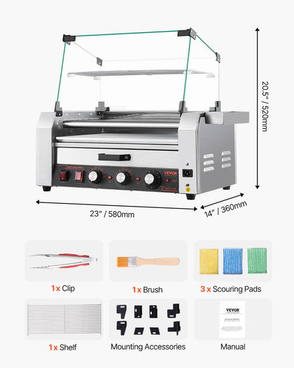 VEVOR Hot Dog Roller, 18 Hot Dog 7 Rollers, Stainless Steel Sausage Grill Cooker, 1200W Hot Dog Machine with Bun Warmer, Cover, 3 Temp Control, Side Storage Box, Oil Drip Tray, for Home & Commercial