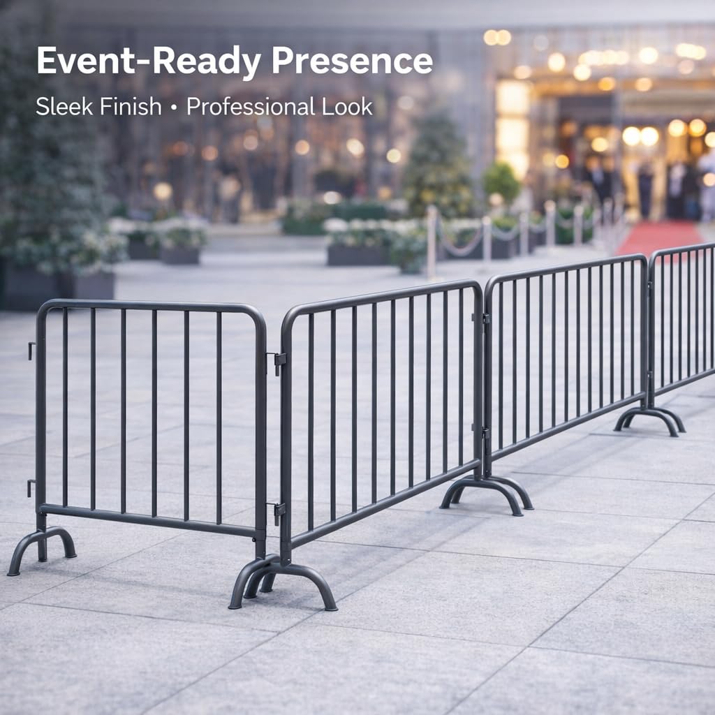 AdirPro 5 ft Crowd Control Barricade, 4-Pack | Interlocking Steel Barricade Fence | Heavy-Duty 16-Gauge Weatherproof Steel | for Events, Construction, Road Closure & Parking Lots