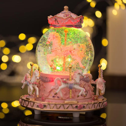 LOVE FOR YOU Musical Snow Globe Carousel | Gift-Wrapped with Ribbon, Colorful Lights & Horses - Perfect for Girls, Women & Kids