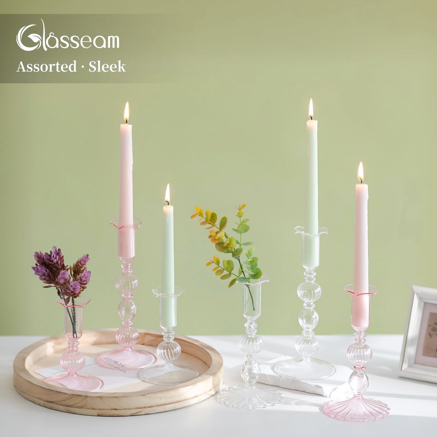 Glasseam Glass Tapered Candlestick Holders: Set of 3 Clear Candle Sticks Holder Decor with Bobeche Modern Ribbed Taper Candle Holders for Table Centerpiece Christmas Wedding Home Decorations