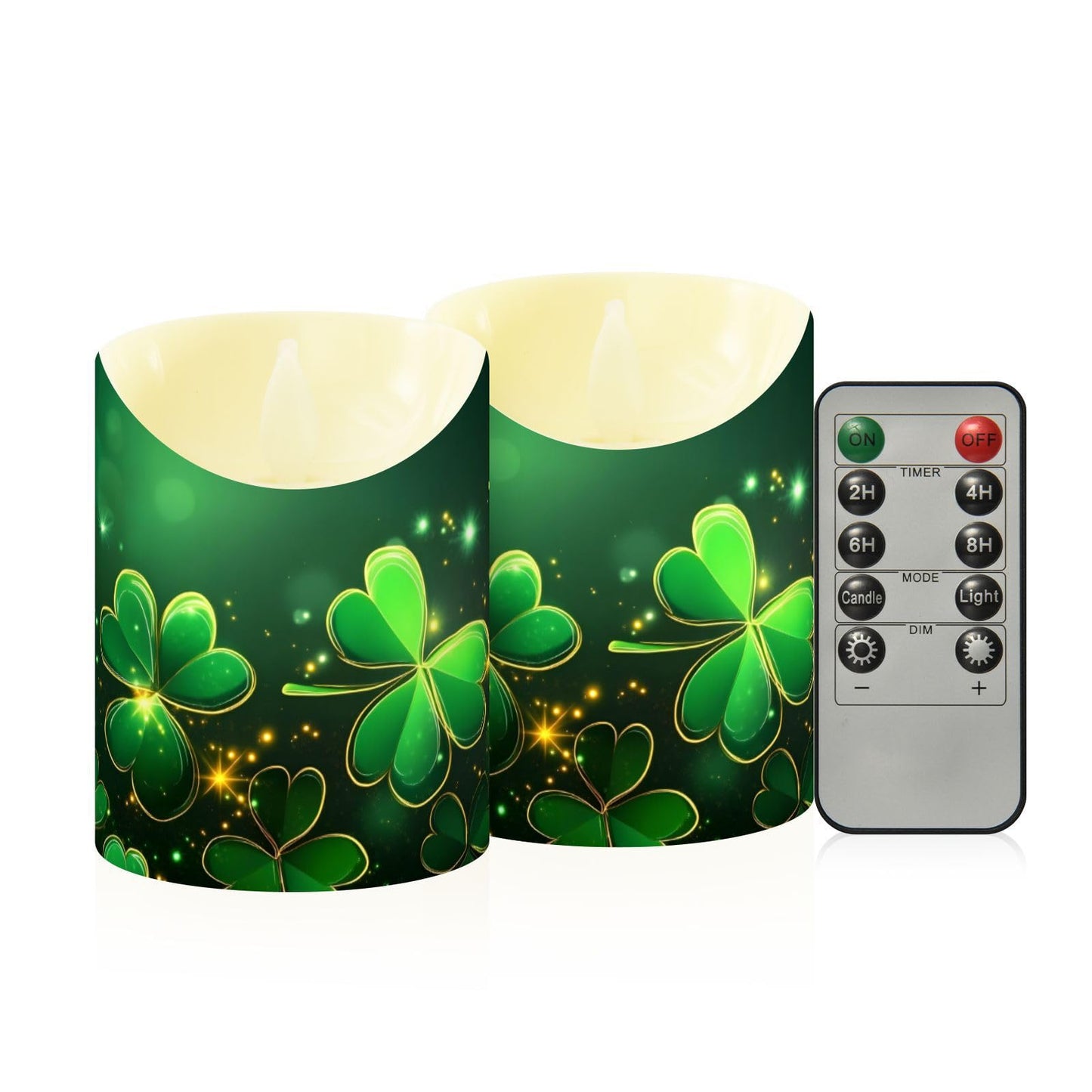 St. Patrick's Day Flameless Candles Set of 2 Clover Pattern C Realistic LED Candles with Remote Battery Operated Holiday Decorations