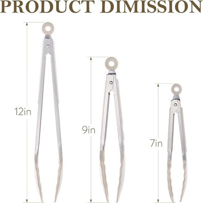 CAROTE Kitchen Tongs - Heat Resistant Stainless Steel with Non-Scratch Silicone Tips | Set of 3 (7", 9", 12")