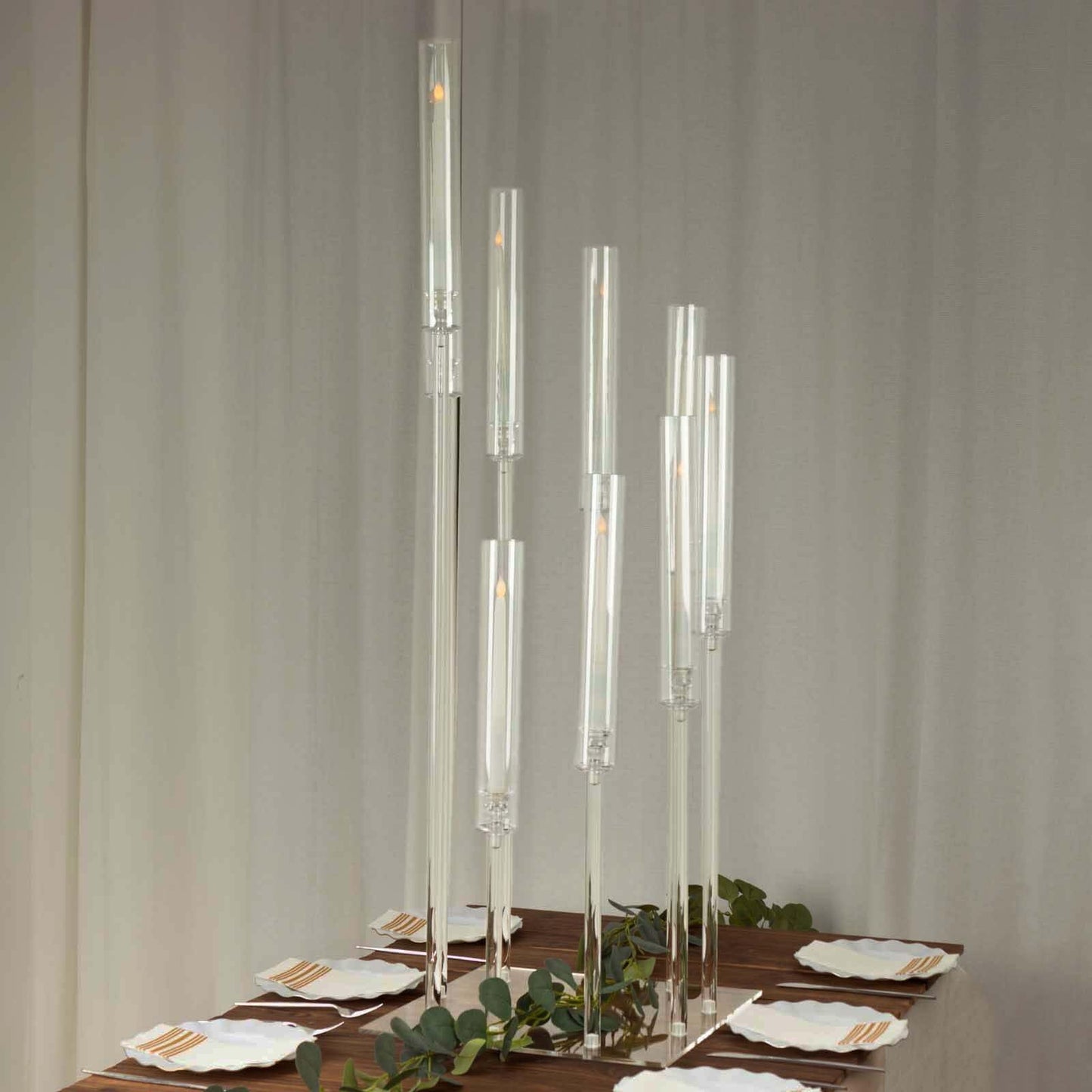 Efavormart 9 Arm Clear Acrylic Cluster Taper Candle Holder Candelabra, Pillar Candle Stick Stand with Square Base - 4ft Tall