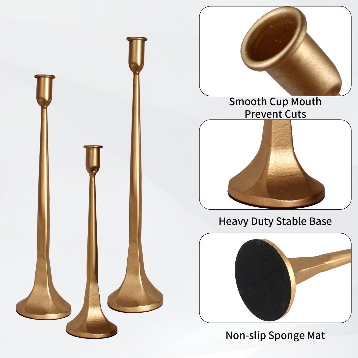 Set of 3 Taper Candle Holders, Cast Iron Candlestick Holders Tall for Wedding, Dining Table, Halloween & Fall Decor, Home Decoration (Gold, 12" 14" 15.5")