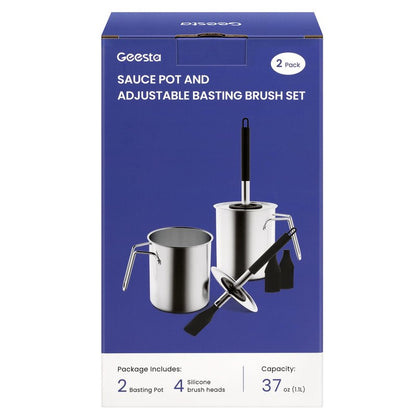 Geesta Adjustable Sauce Pot and Basting Brush Set, Long Stainless Steel Basting Brush for Cooking, Smoking, Fathers Day Grilling Gifts for Men Smoker Accessories, Large Capacity Grilling Tools, 2 Pack