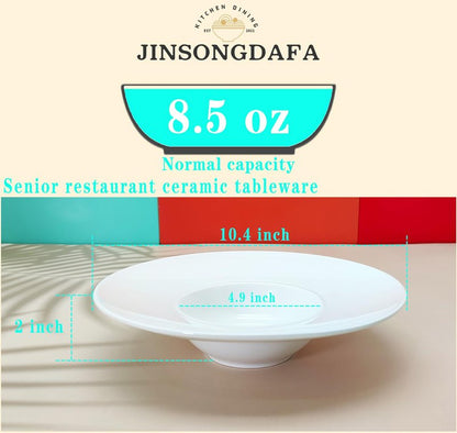 jinsongdafa Ceramics Rimmed Soup Bowls 8.5 oz, White 10.4 inch Exquisite small soup plate Set of 4, Pasta plates With Rim is the best choice for hotels, kitchens, fine restaurants and gourmets