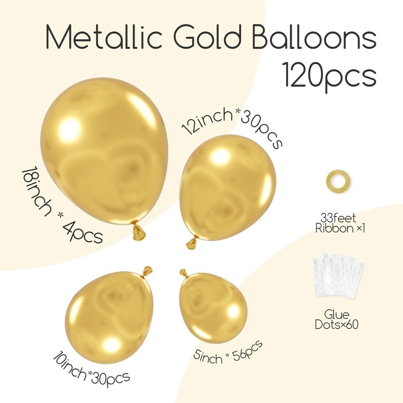 Awenztech 120pcs Metallic Gold Balloon Arch Kit, 18 12 10 5 inch Chrome Gold Latex Balloons Different Sizes Metallic Gold Balloon Garland for Graduation Engagement Wedding Birthday Party Decorations
