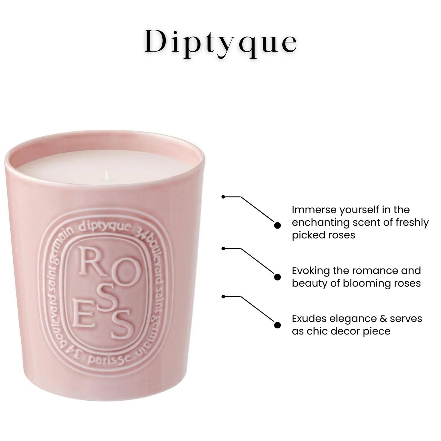 Diptyque Roses Candle 600g Porcelain jar Luxury Candle 100h Burn time 21.1 oz, Pink
