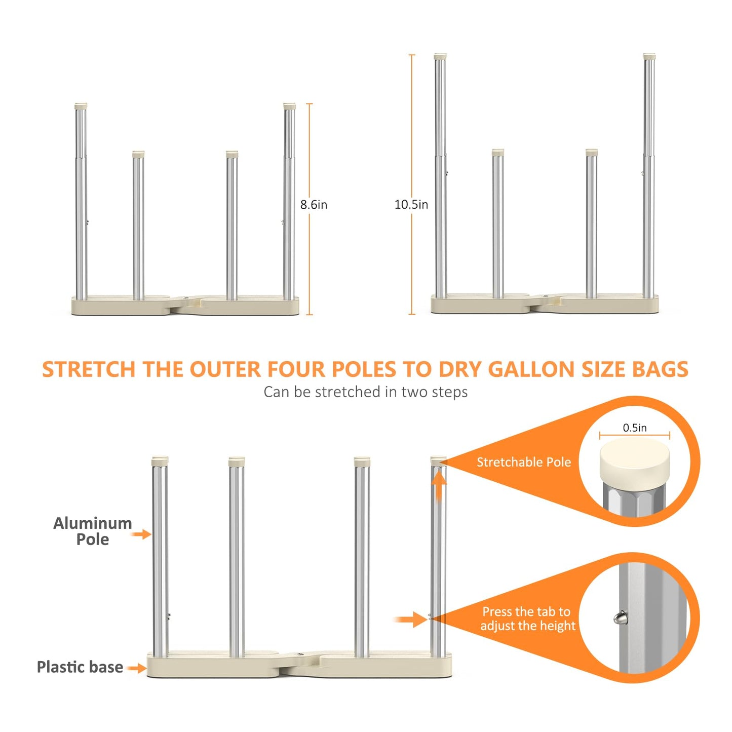 KORRTFID Reusable Storage Bag Drying Rack, Retractable Metal Bottle Drying Rack, Collapsible Cup Draining Rack for Water Bottles, Mason Jars, Mugs, Glass and Sports Bottle(1 Pcs)