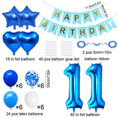 Huture 11th Birthday Party Supplies - Blue & White Foil Balloons, Happy Birthday Banner Kit, Latex Confetti, Star Balloons - Great Gift for Girls & Boys
