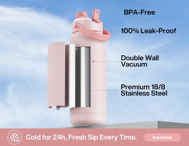 POWCAN 32 oz Insulated Water Bottle with 2-in-1 Straw and Spout Lid, Keep Cold 24H, Leak-Proof, BPA-Free, Double Wall Stainless Steel Water Bottle for Sports, Gym, Travel, Gift, School (Bow Crush)