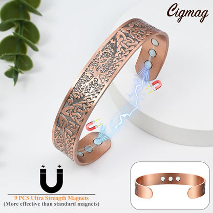 Cigmag 9X Copper Bracelet for Men Copper Magnetic Bracelet Strength Magnets Tree of Life Pattern Adjustable Solid Pure Cuff Bangle
