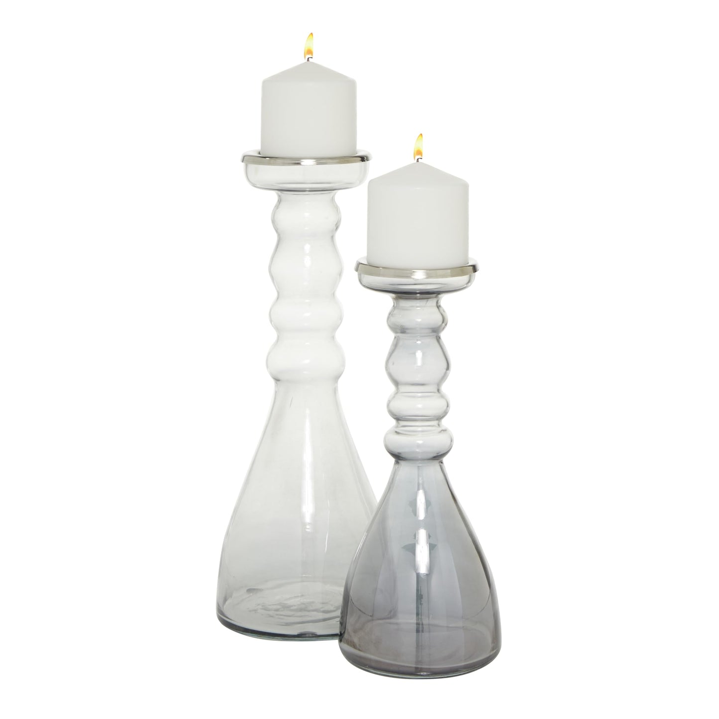 The Novogratz Glass Handmade Bubble Pillar Candle Holder, Set of 2 11", 14"H, Gray