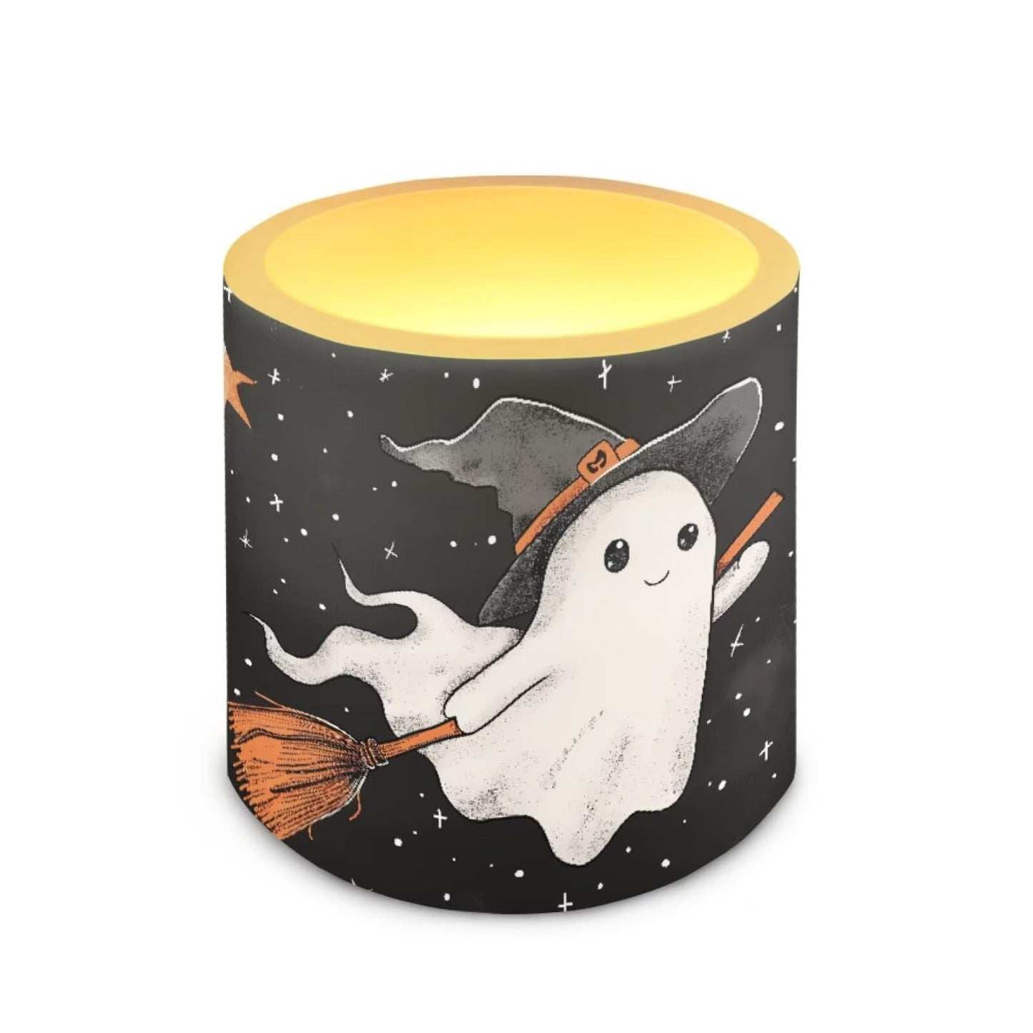 Merkmak Halloween Flameless Candles with 18-Key Remote Battery Operated Candles with Timer, Cute Ghost Print 4 Pack Flameless Pillar Tea Lights for Party Banquet Home Decorations