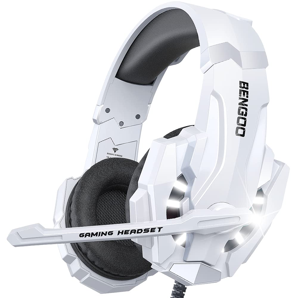 BENGOO Pro Gaming Headset for PS4 PS5 PC Xbox One Controller, Noise Cancelling Over Ear Headphones with Mic, LED Light, Bass Surround, Soft Memory Earmuffs for Laptop Mac - White