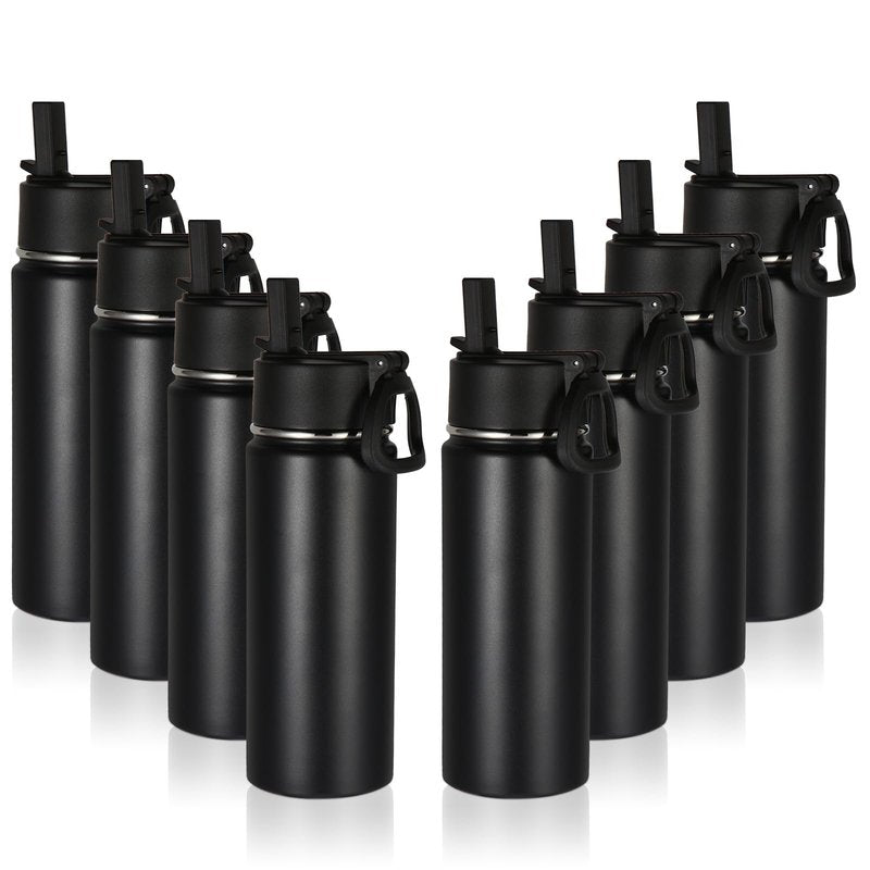 Volhoply 16 OZ Kids Water Bottle Bulk 8 Pack,Insulated Sports Bottles with Straw Lid,Stainless Steel Bottle with Handle Keep Cold & Hot,Double Wall Vacuum Tumbler Cups for School,Girls(Black, 8)