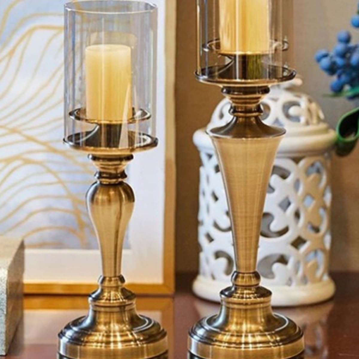 YUHUAWF Candle Holderss Creative Iron Candlestick with Glass Cover Home Dining Table Decoration Candlestick Ornaments Decorative Candlestick(Small)
