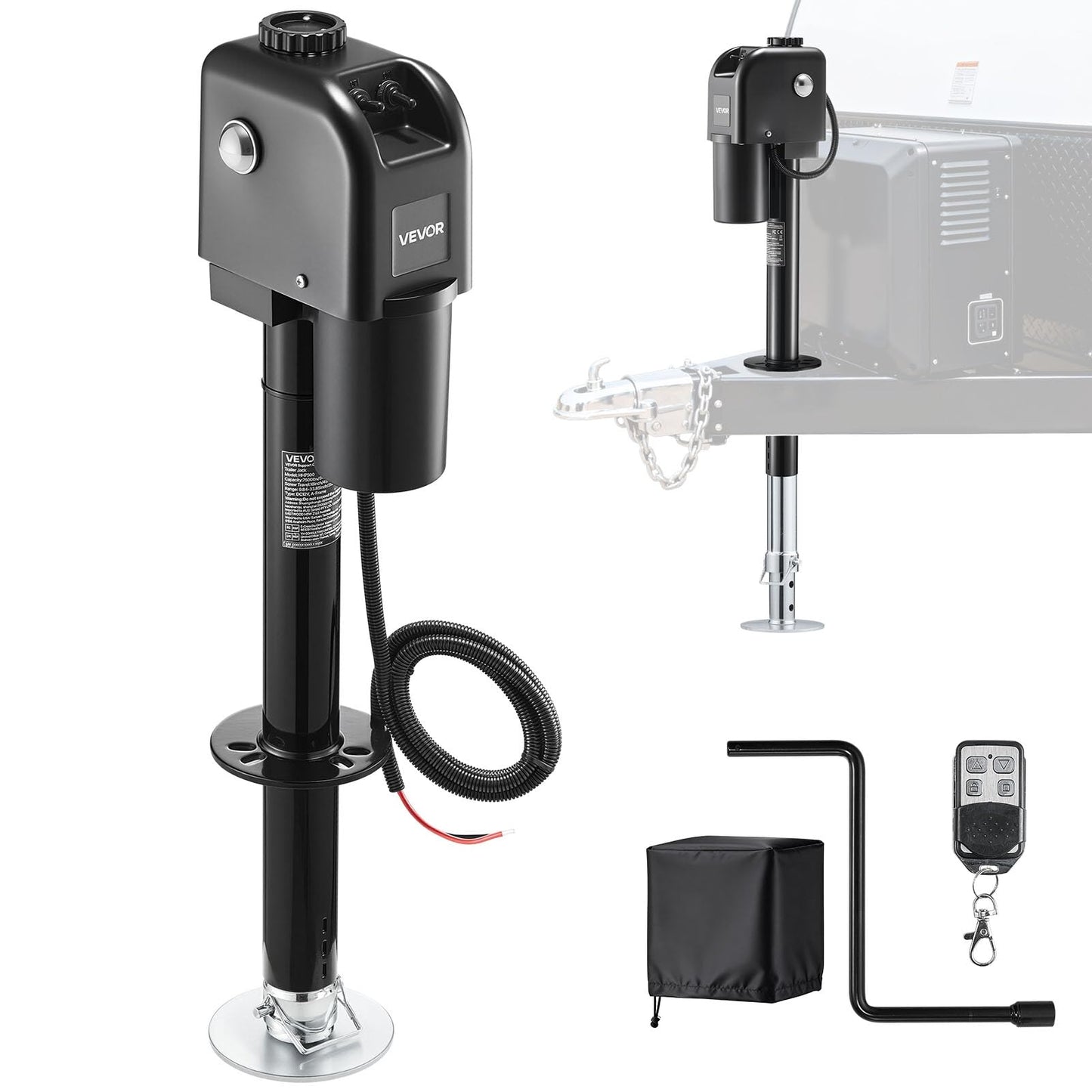 VEVOR Electric Trailer Jack, 7500 lbs Capacity, Electric Power Tongue Jack with Waterproof Protective Cover & LED Light for Travel Trailer, Camper, RV, 9.84-33.85 in Lift, 12V DC with Wiring, Black