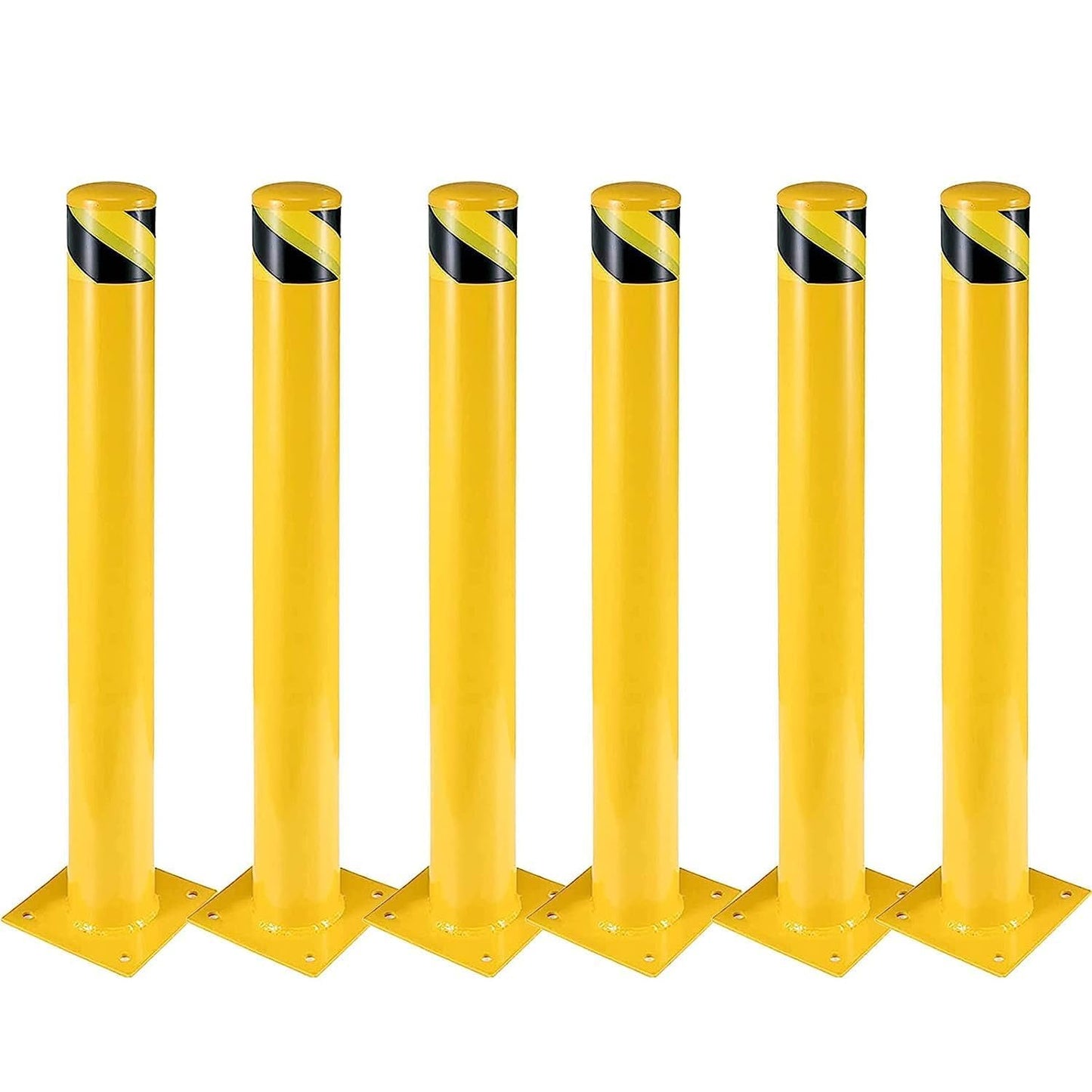 6Pcs Yellow Safety Bollards 48-Inch Steel Traffic Control Posts, 4.5-Inch Diameter with 24 Anchor Bolts, for Driveway Barriers and Parking Solutions