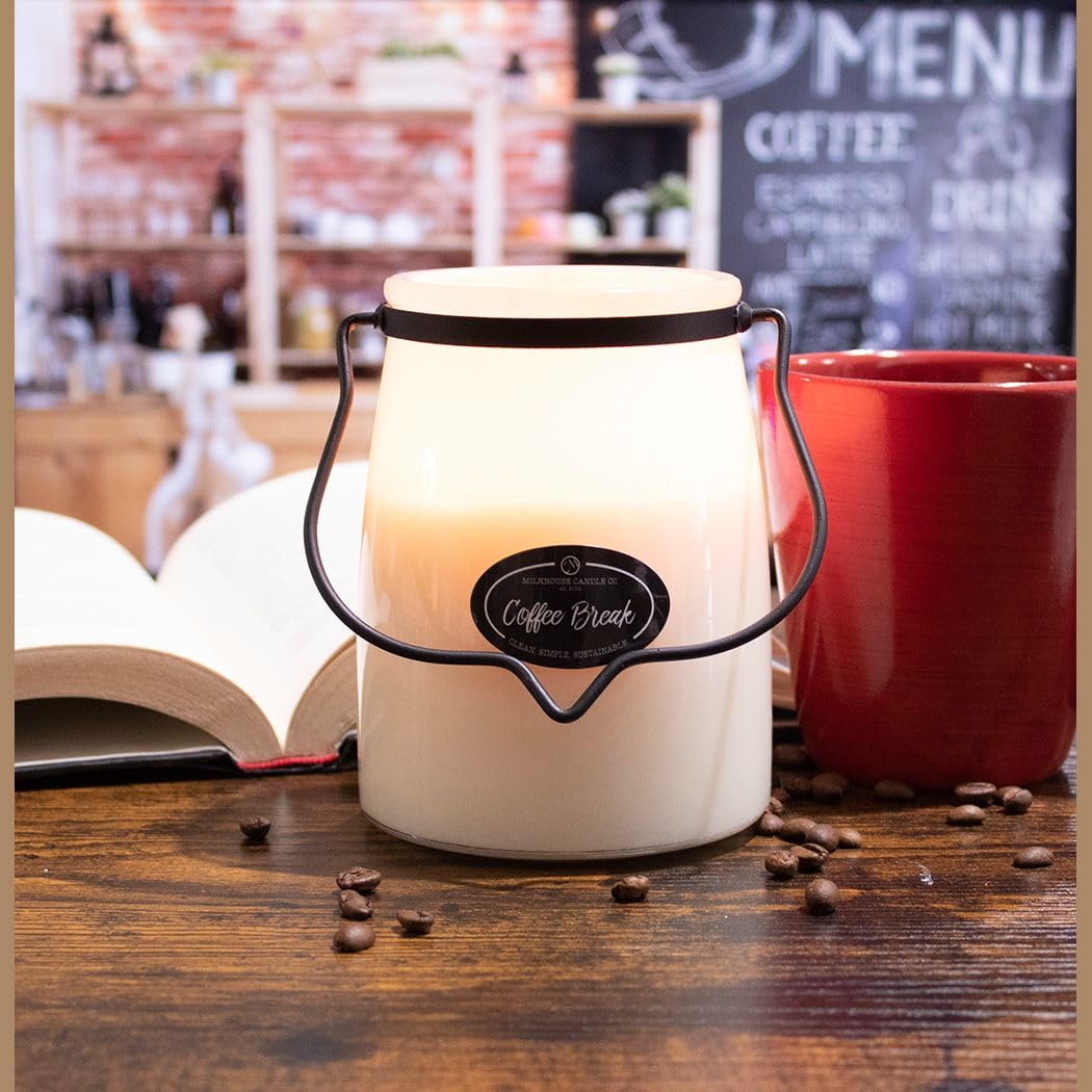 Milkhouse Candle Company Coffee Break Soy Candle - Fresh Brewed Coffee | Roasted Beans | Sweet Cream Scented - 22 oz Butter Jar with Lid, 120+ Hour Burn Time, Made in the USA