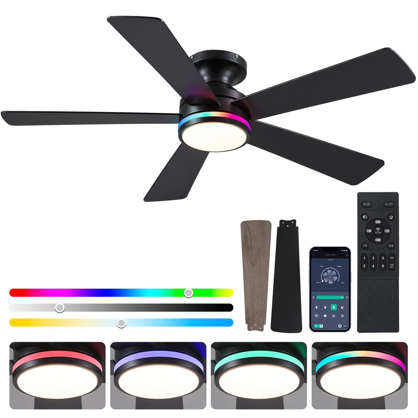 BYKISTOK 46In RGB Ceiling Fans with Lights - Black Flush Mount Ceiling Fan Light with Remote/APP, RGB+3CCT 6 Wind Speeds, Modern Low Profile Fan Light Fixture for Party, Kid's Room