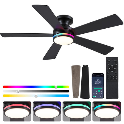 BYKISTOK 46In RGB Ceiling Fans with Lights - Black Flush Mount Ceiling Fan Light with Remote/APP, RGB+3CCT 6 Wind Speeds, Modern Low Profile Fan Light Fixture for Party, Kid's Room