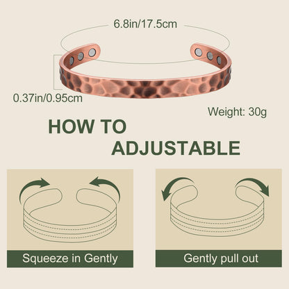 MagEnergy Copper Bracelet for Men and Women, Magnetic Hammered Pure Copper Bangle with 3500 Gauss Magnets,6.8" Adjustable Copper Cuff Jewelry Gift