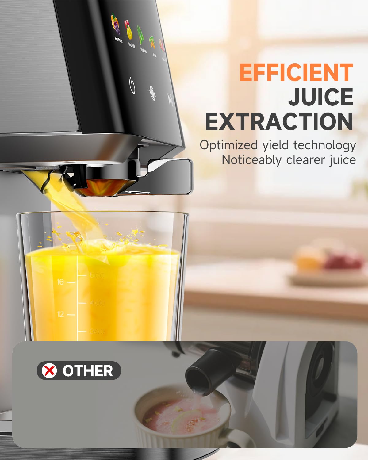 Cold Press Juicer with Large 5.12" Feed Chute- Slow Masticating Technology for Nutrient Retention, Quiet Motor, High Juice Yield, Leakproof Base- Perfect for Fruits Vegetables & Leafy Green
