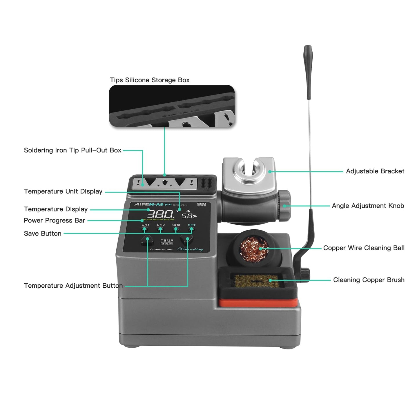 A9PRO Soldering Station 120W Handle Control Temperature 212°F-842°F Solder Station Soldering Iron with C210 Handle and 3 Soldering Tips