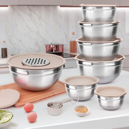 JUJOJB Mixing Bowls With Lids Set,Stainless Steel Mixing Bowls Set With 3 Grater,Metal Nesting Bowls For Kitchen Baking Refrigerator Meal Prep Food Storage Organizer,7 Size(Khaki)