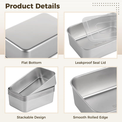 Homaisson 6 Pcs Stainless Steel Loaf Pan, Bread Baking Pans with Lids, Rectangle Cake Meatloaf Molds, Food Serving Pans, Ideal for Baking and Storage