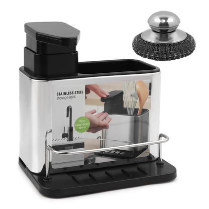 3-in-1 Dish Soap Dispenser, Sponge Holder for Kitchen Sink Caddy, Organizer Dish Soap Dispenser with Cleaning Brush and Tray Drainer Rack Countertop