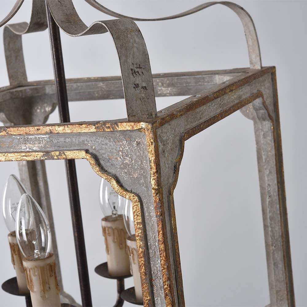 LOVEDIMA French Country Chandelier 4-Light Lantern Pendant Lighting Square Wood Metal Chandeliers Hanging Light Ceiling Light Fixtures in Antique Gray & Antique Gold