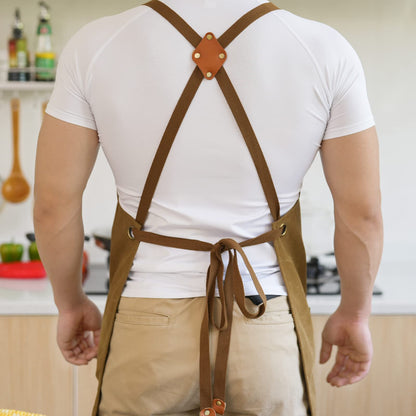 Aoomzoon Canvas Aprons for Men Chef Apron, Work Apron with Large Pockets - Durable 16oz Heavy Duty Cross Back, BBQ, Cooking (Brown, 1 Pack)