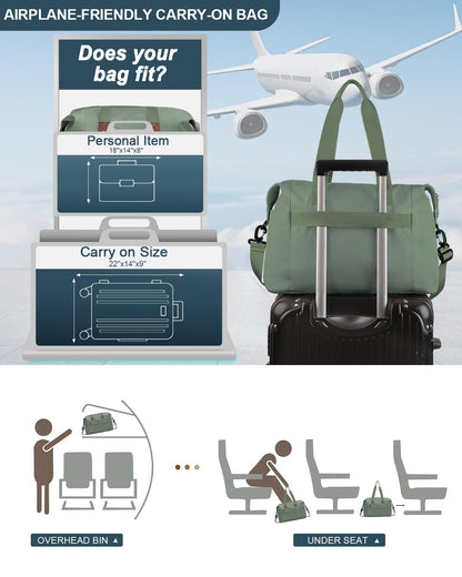Pritent Travel Duffle Bag, Waterproof Weekender Overnight Hospital Bags for Women Men with Toiletry Bag Lightweight Personal Item Duffle Gym Bag for Travel, Airplanes, Sports(Green, Medium)