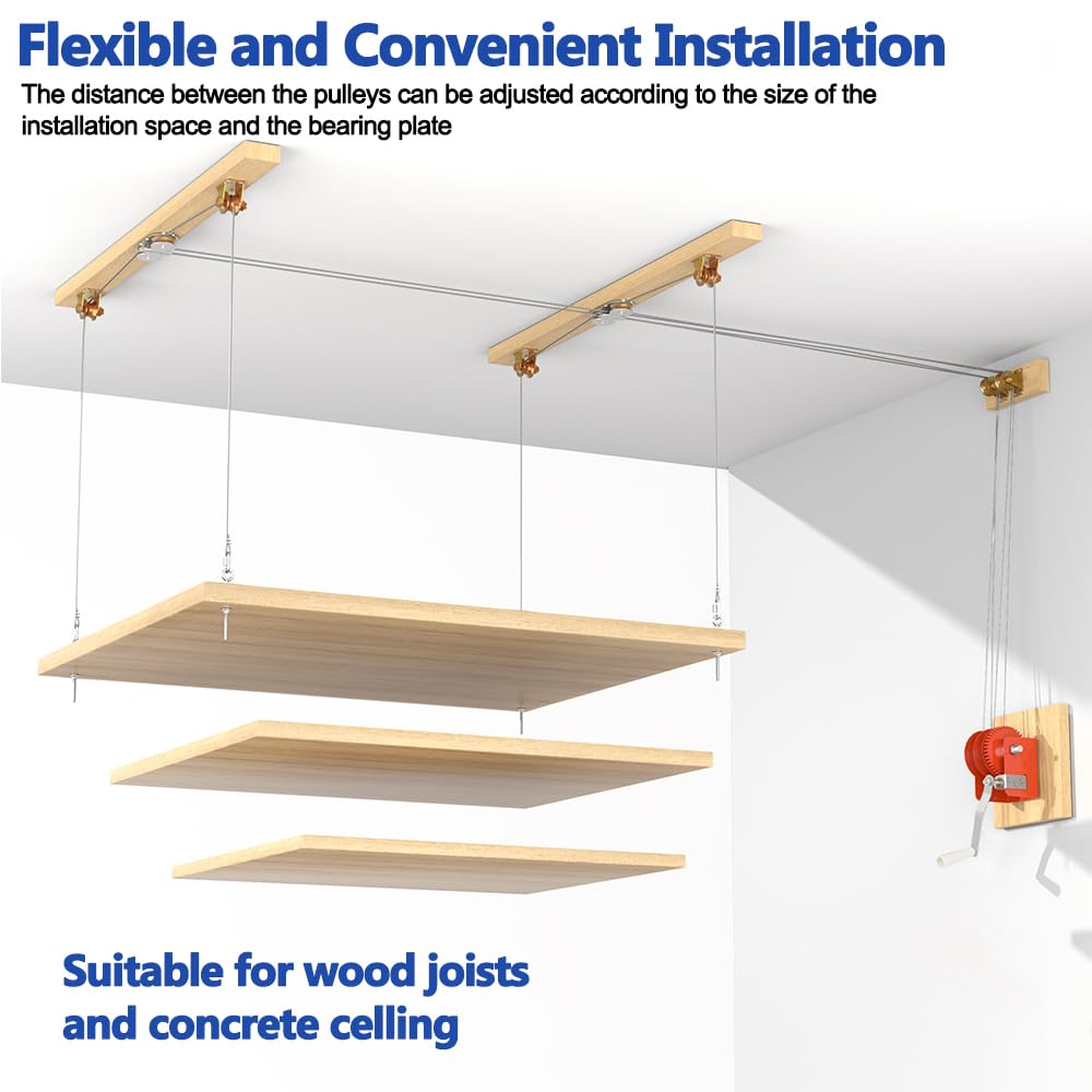 TooTaci Overhead Garage Storage Lift with 3/16 Steel Cable & Winch, Heavy Duty Ceiling Mounted Garage Storage Lift System for Organization, 300lbs Weight, Supports 8-16ft Ceilings (Deck Not Includ)