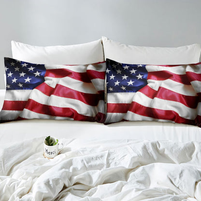 Erosebridal United States Sheet Set Teens American Flag Fitted Sheet Queen, Blue Red Bedding Set Geometric Stripes Bed Sheet with Deep Pocket, 4 Pcs with 1 Fitted Sheet, 1 Flat Sheet, 2 Pillow Cases