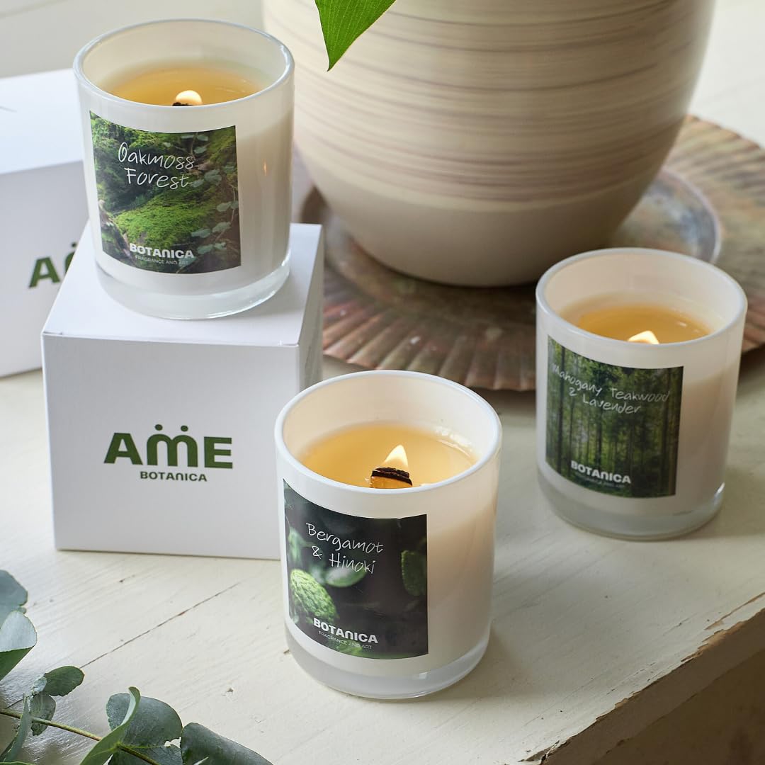 AME BOTANICA Hinoki & Bergamot Candle | Wood Wick Candles That Crackle | Valentine's Day, Mother's Day, Father's Day Gift | Luxury Scented Candle – Hand Poured in The USA