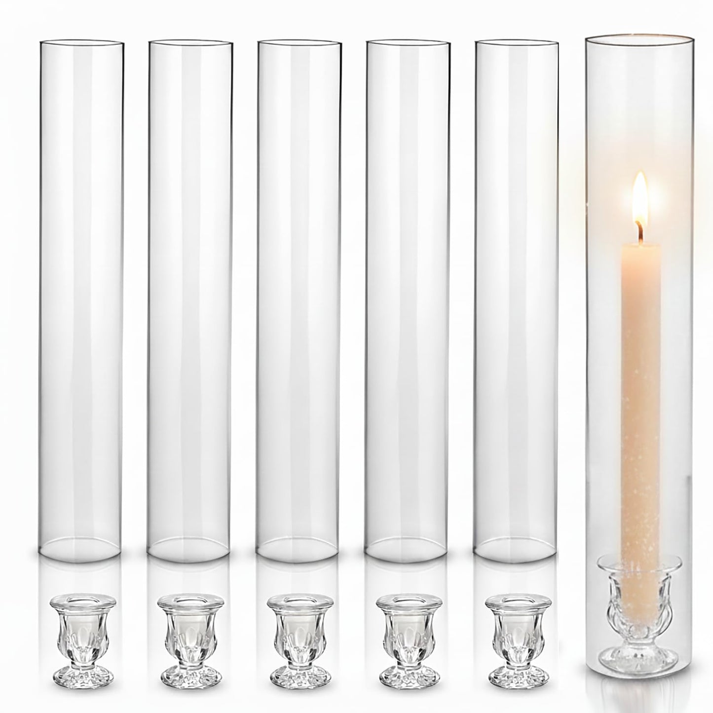 CHILL RECIPE Hurricane Glass Candle Holders-Set of 6 Tall Taper Candle Holder with 12” Tall Clear Cylinder Covers for Wedding Table Centerpiece Home Decor (Floral Base+Clear Chimney)