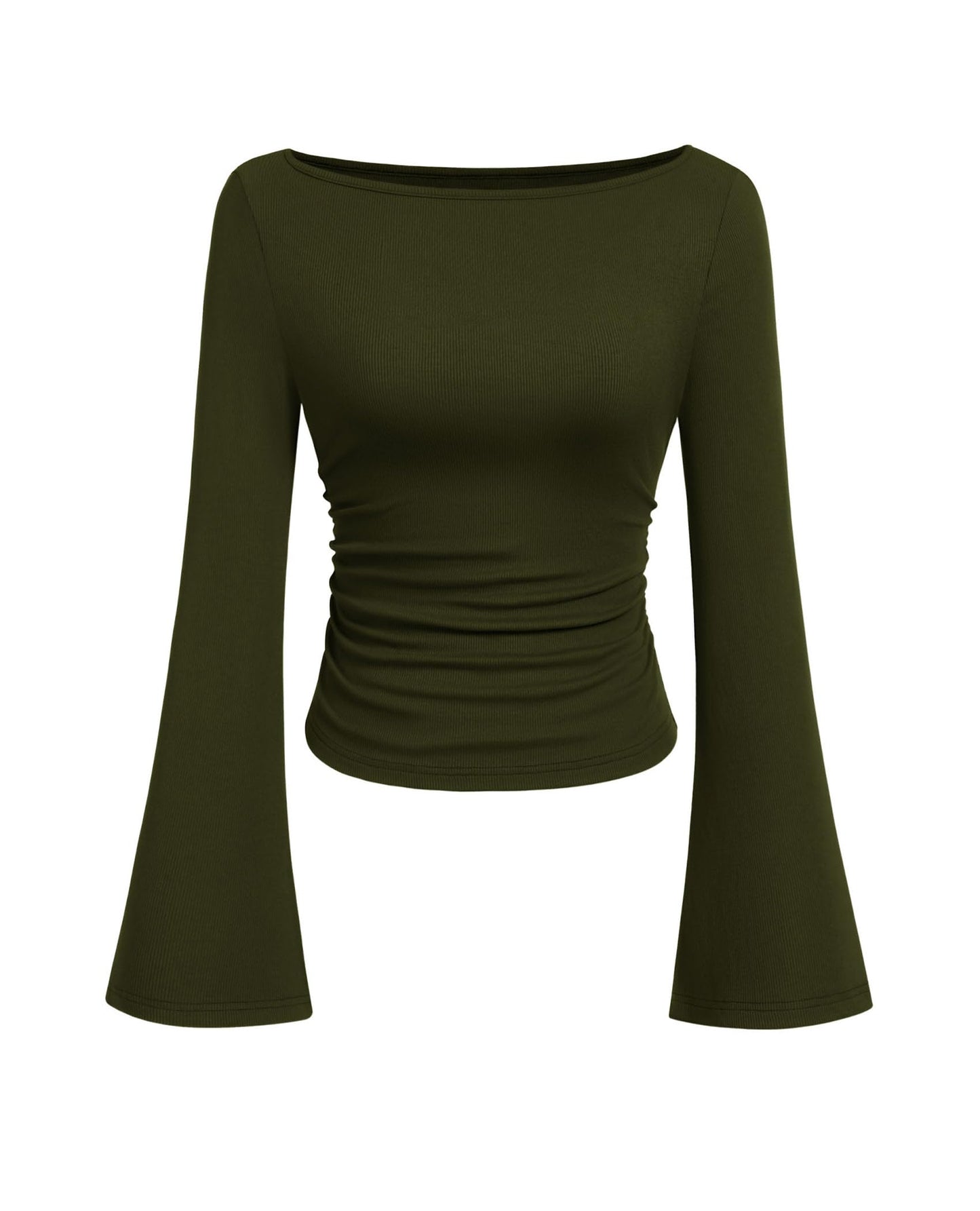 PRETTYGARDEN Women's Long Sleeve Shirts 2025 Fall Crop Going Out Tops Casual Boat Neck Bell Sleeve Ribbed Ruched Y2K Clothes