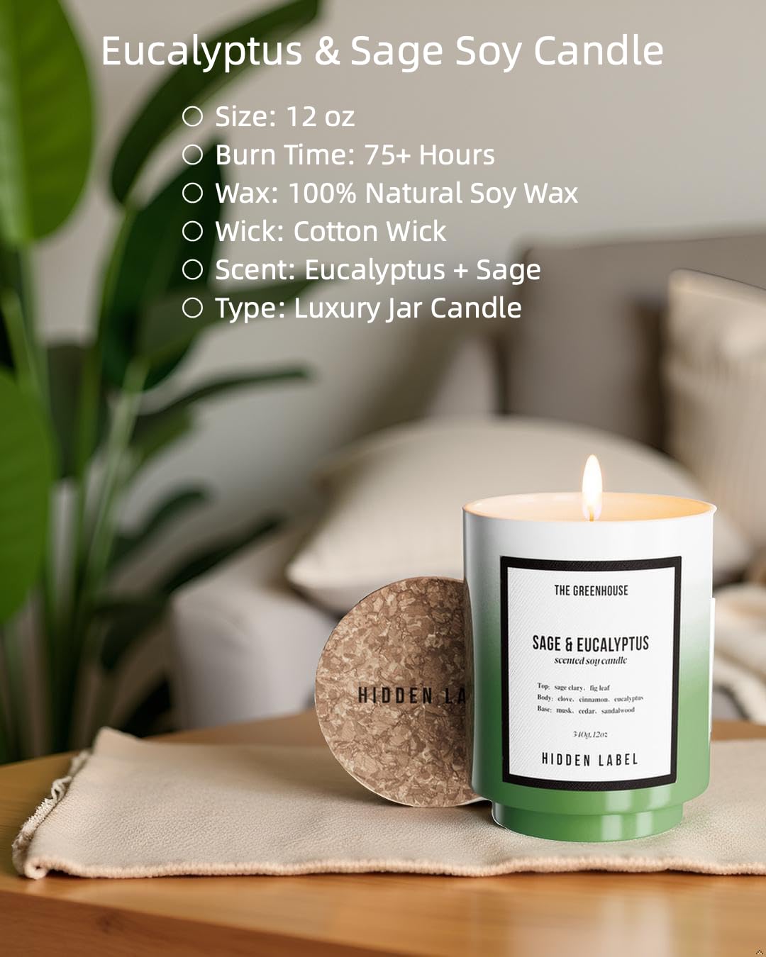 Eucalyptus Sage Scented Candle, 12oz Natural Soy Wax with Cotton Wick, 75H Long Lasting Burn Aromatherapy Candle for Home, Stress Relief Meditation & Yoga, Non-Toxic Relaxation Gift for Women
