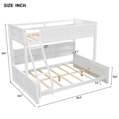 DNYN Twin XL Over Queen Bunk Bed with Storage for Kids/Adults,Solid Wood Bedframe w/Cabinets & USB Ports Design,Perfect for Bedroom, Guest Room, White