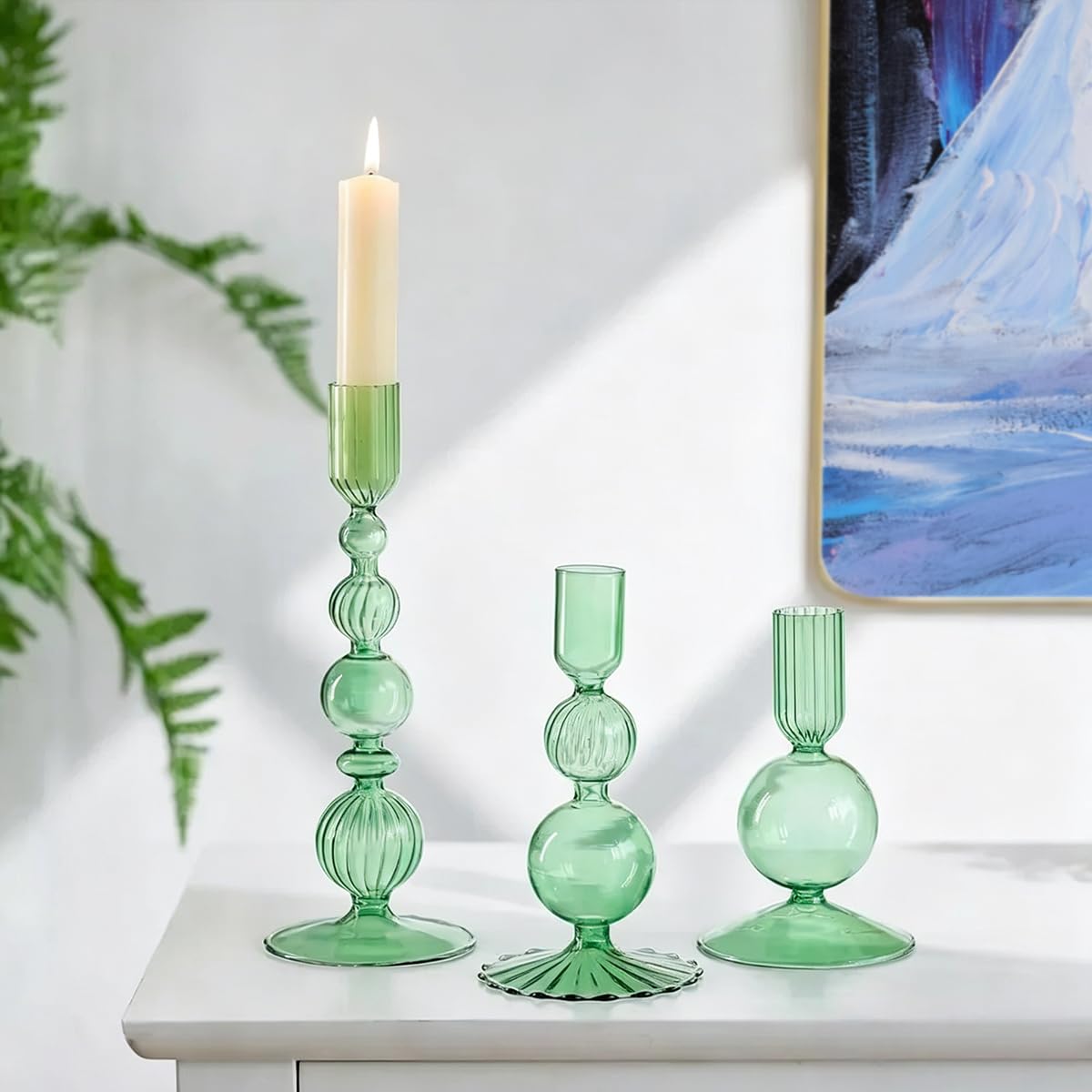 Mineaud 3Pcs Glass Candlestick Holders Glass Taper Candle Holders Groovy Wavy Elegant Candle Stick for Home Party Decoration,Green