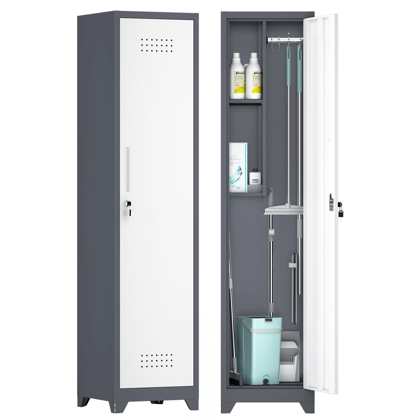 GREATMEET Slim Locking Metal Garage Storage Cabinet, 65" Lockable Utility Closet, Tall Steel Narrow Broom Closet Storage Cabinets with Door and Shelves for Laundry Room, Bathroom, White & Grey