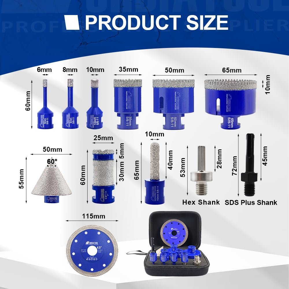 SHDIATOOL Diamond Drill Bits Kit - Core Bits Hole Saw Sets,Mould Guide for Drilling Porcelain Tile Marble Ceramic Granite with Hollow EVA Guide Jig 12pcs(6/8/10/35/50/65/10/25MM/2in/HEX+SDS+4.5in)