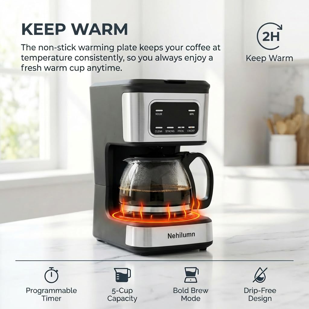 Nehilumn Single serve one cup drip coffee maker 14 oz,with personal travel cup,auto shut off function,Reusable Filter,Black and Silver