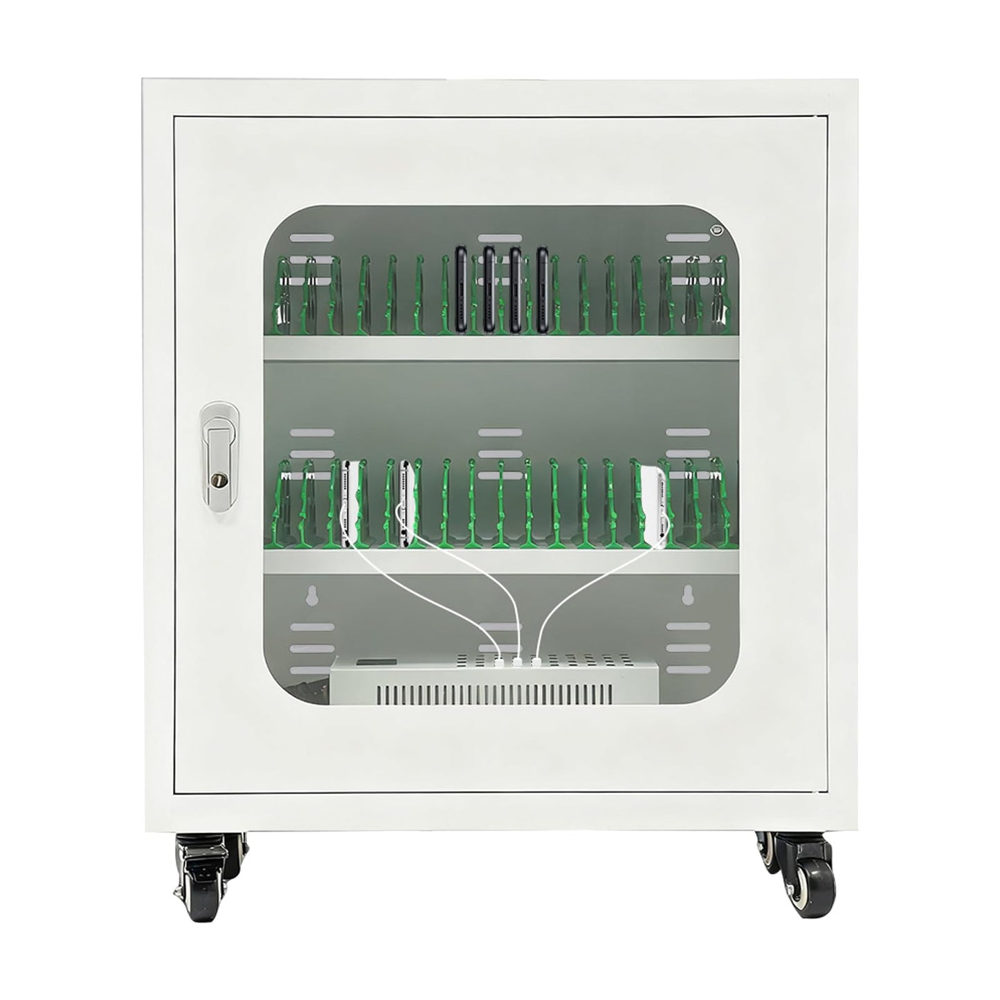 JAYGOVAN 40 Device Mobile Charging and Storage Cart Laptop Lock Box with Charging Port Screen Size Up to 8", Steel Case Portable Locking Charging Station for Schools, Offices, Business