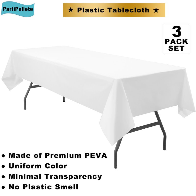 PartiPallete 3-Pack Premium Plastic White Tablecloth Disposable 54" x 108" Rectangle Table Cover Party PEVA Table Cloths for Parties Birthday Wedding Engagement Banquet Fits up to 8 ft Long Tables